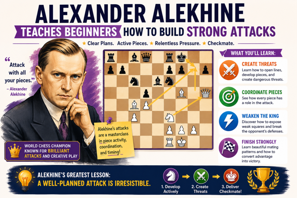 Alexander Alekhine was a world champion known for powerful attacks and deep planning. His games are exciting, but they are also full of structure. He did not just throw pieces at the king. He built pressure, placed pieces on strong squares, and then attacked when everything was ready.