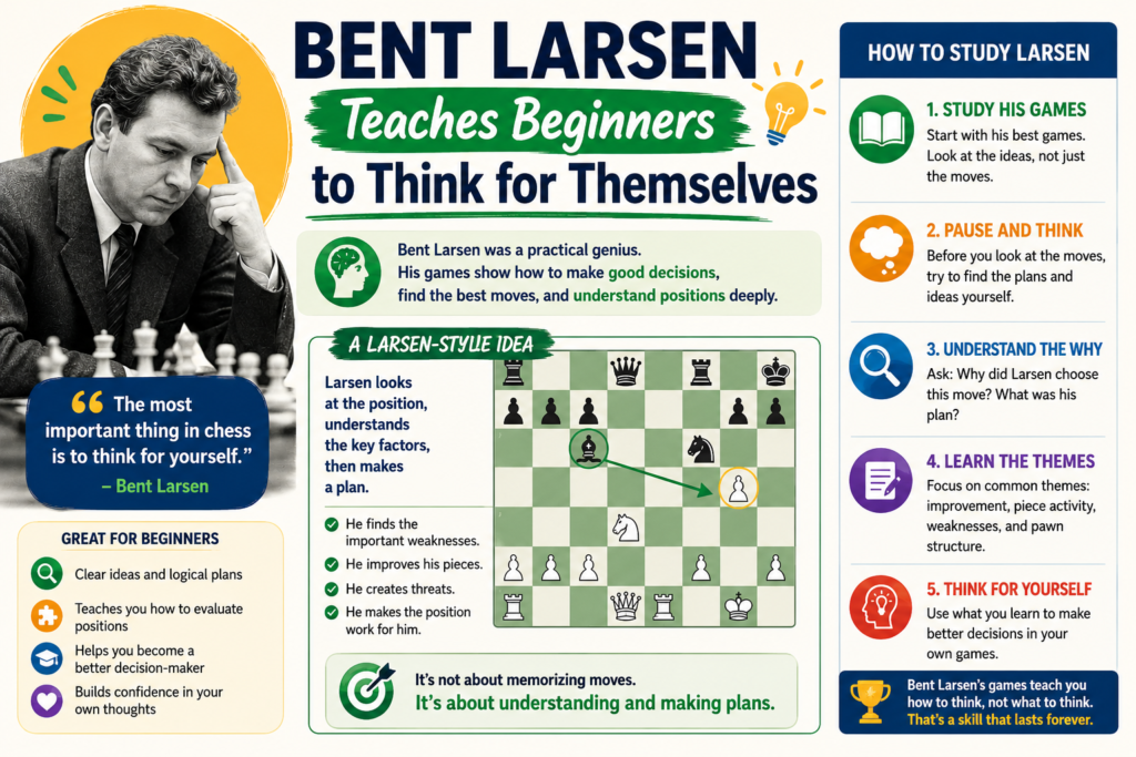 Bent Larsen was a creative grandmaster who was not afraid to play unusual ideas. He did not always follow the most common paths. He liked fresh positions, original plans, and practical chances. For beginners, Larsen is helpful because he shows that chess is not just memory.
