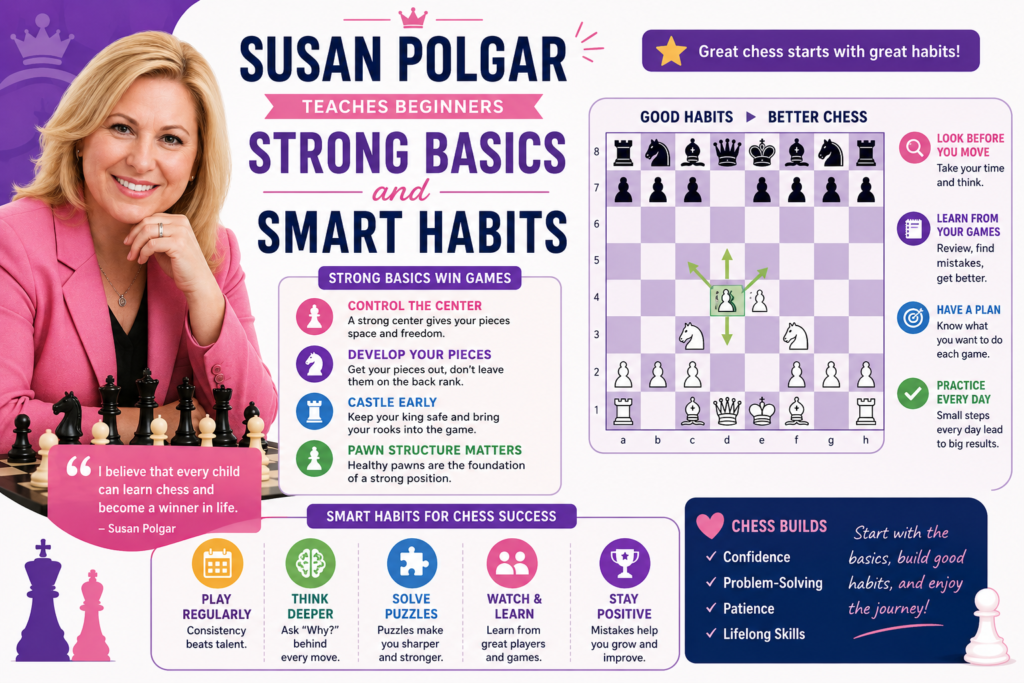 Susan Polgar is a world champion and one of the best chess educators in the world. She is a great player for beginners to study because her games often show strong basics, clear tactics, and steady decision-making. 
