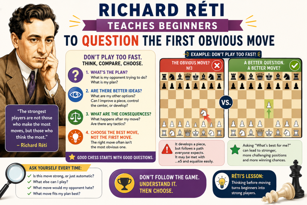 Richard Réti was a creative thinker who helped change chess ideas in the early 1900s. He showed that you do not always need to put pawns in the center right away. Sometimes you can control the center with pieces from a distance.
