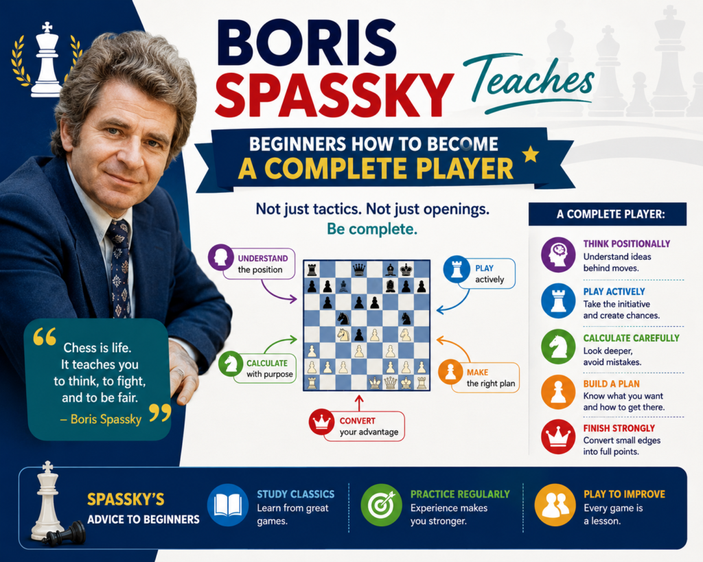Boris Spassky was a world champion with a very balanced style. He could attack, defend, play calm positions, and handle endgames. This makes him a great player for beginners who are ready to become more complete.