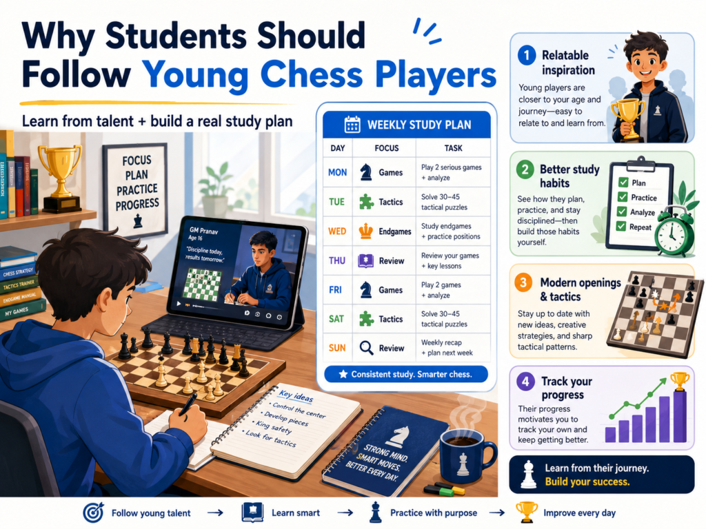 Young chess stars are fun to watch, but students should not follow them only for fame, trophies, or cool clips. The real value is much deeper. When a student follows the right players in the right way, chess starts to feel possible.