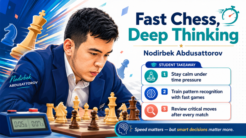 Nodirbek Abdusattorov from Uzbekistan is one of the most exciting young players to follow because he combines speed with serious control. FIDE lists him as a grandmaster from Uzbekistan, and he became the World Rapid Chess Champion in 2021 at age 17 after winning the rapid title ahead of elite players.