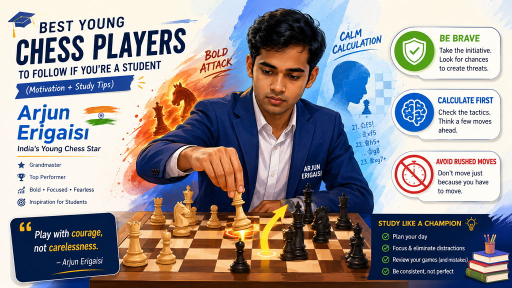 Arjun Erigaisi is one of the most exciting young chess players for students to follow because his games often feel full of energy. He is not the kind of player who only waits for the other side to make a mistake. He looks for chances.