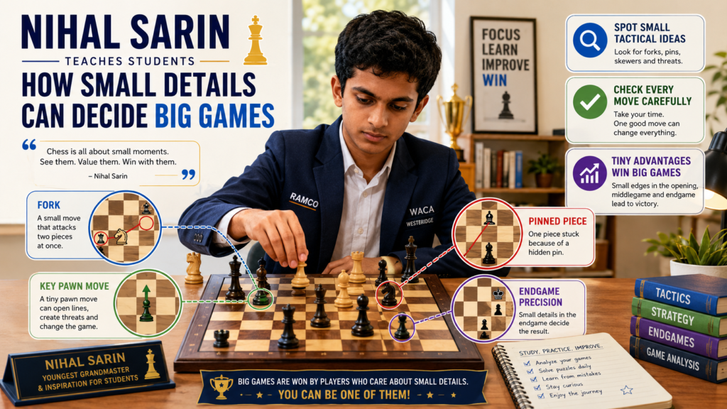 Nihal Sarin is a wonderful player for students to follow because he shows how clean chess can be very powerful. FIDE lists Nihal as an Indian Grandmaster, and his profile also shows his strong standing across classical, rapid, and blitz chess.