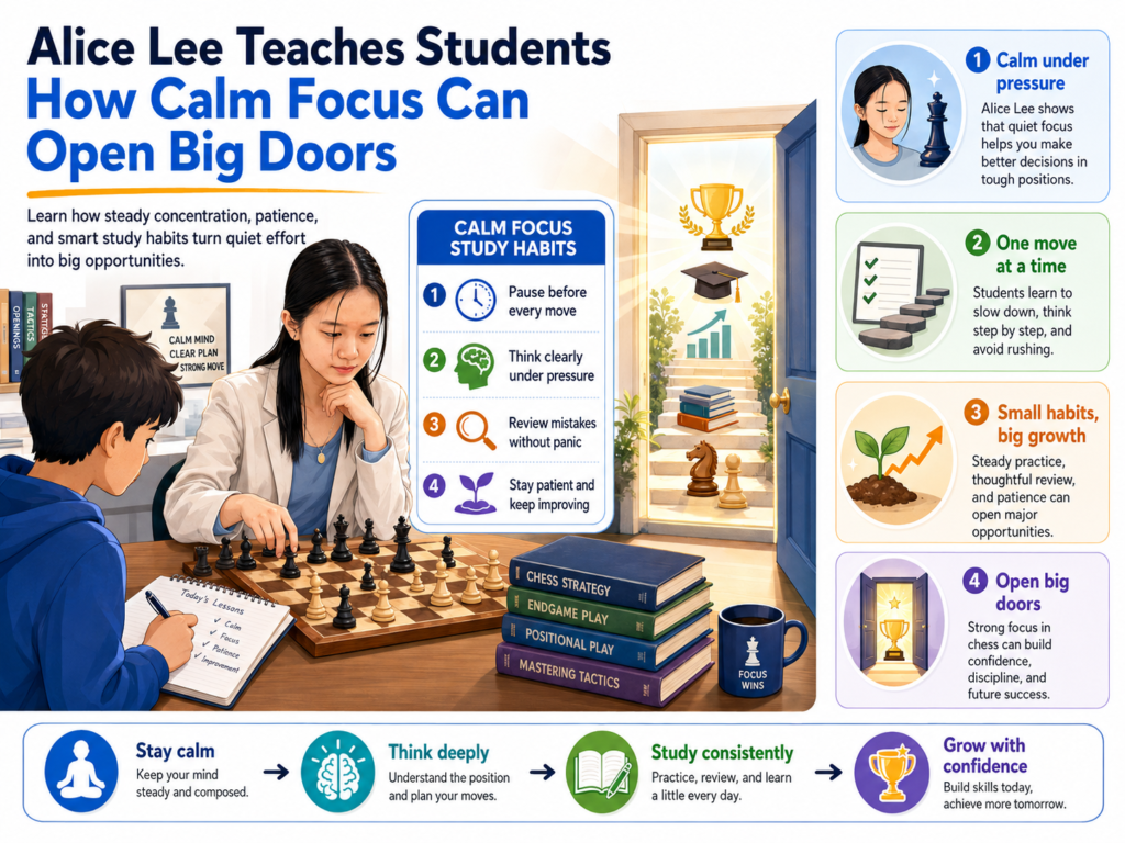 Alice Lee is a young American chess player students should follow, especially students who need to see that quiet focus can lead to strong results. FIDE lists Alice Lee as an International Master and Woman Grandmaster from the United States, born in 2009.