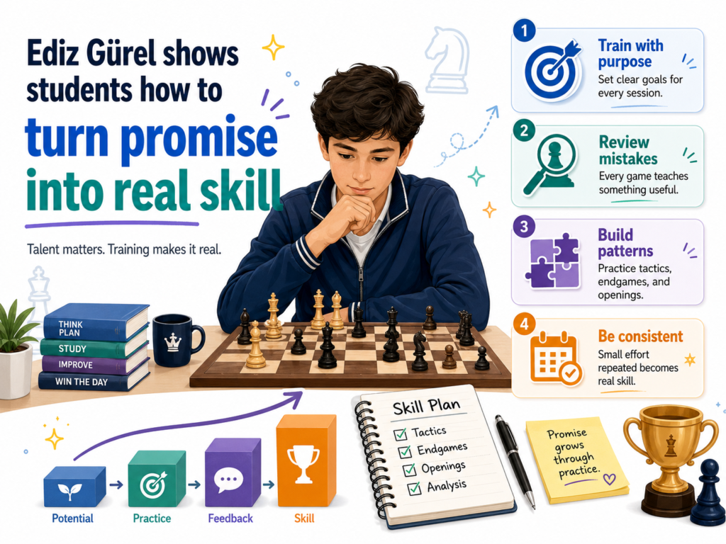 FIDE lists Ediz as a Turkish Grandmaster, born in 2008, and his FIDE profile shows strong ratings across classical, rapid, and blitz chess. He earned the Grandmaster title in 2024, after becoming an International Master in 2022 and a FIDE Master in 2021.