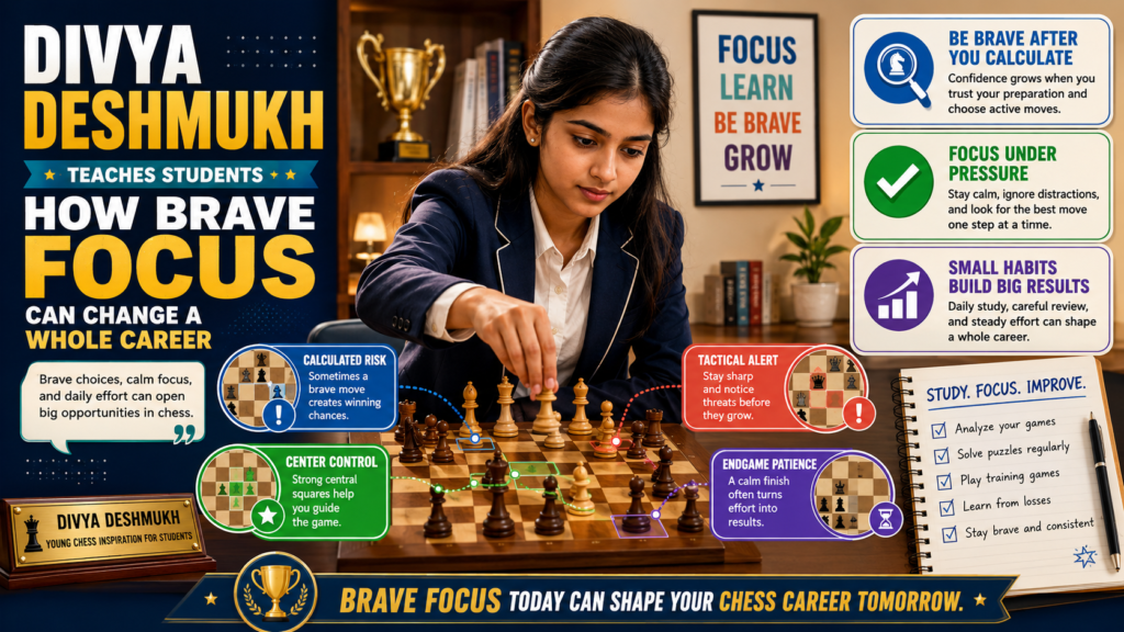 Divya Deshmukh is a young player students should follow because her journey shows courage, focus, and belief under pressure. FIDE lists Divya as an Indian Grandmaster and Woman Grandmaster, born in 2005, with strong ratings across formats.