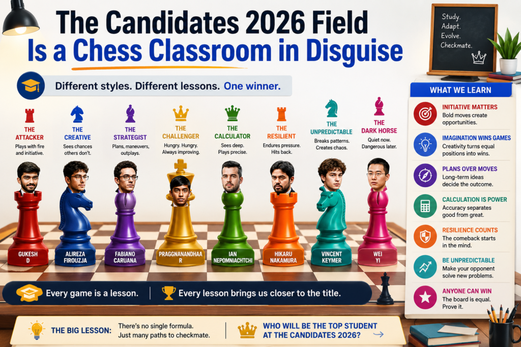 FIDE listed the 2026 open field as Hikaru Nakamura, Fabiano Caruana, Anish Giri, Praggnanandhaa R, Wei Yi, Javokhir Sindarov, Andrey Esipenko, and Matthias Bluebaum. The same official page also shows how each player qualified, from rating, the FIDE Circuit, the Grand Swiss, and the World Cup paths.