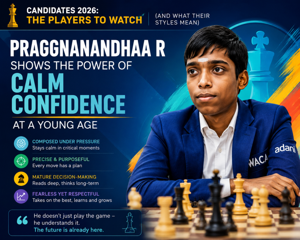Praggnanandhaa R is one of the most exciting names in world chess. FIDE’s Candidates 2026 page notes that he reached the 2023 FIDE World Cup final, had already played in the 2024 Candidates, and qualified again by winning the 2025 FIDE Circuit.