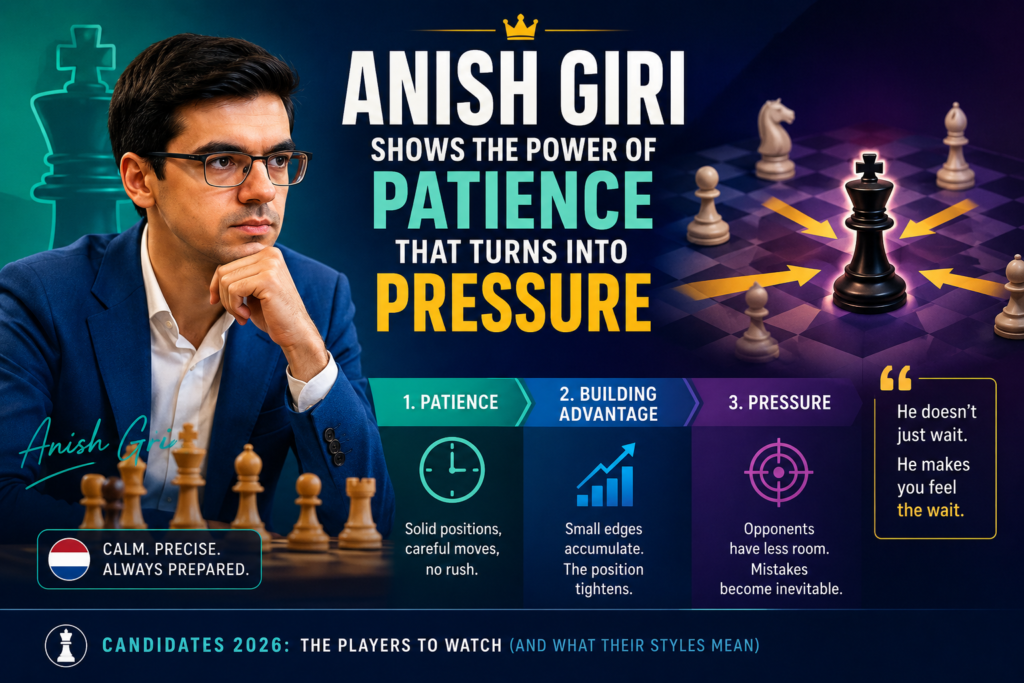 Anish Giri qualified for the 2026 Candidates by winning the 2025 FIDE Grand Swiss, and FIDE describes his profile as built on elite experience, deep opening preparation, and long-term classical consistency.
