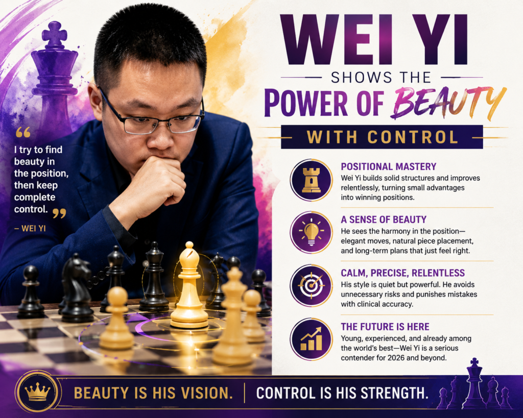 Wei Yi is one of the most creative players in the Candidates 2026 field. FIDE lists him as one of the three players who qualified through the 2025 FIDE World Cup, along with Javokhir Sindarov and Andrey Esipenko.