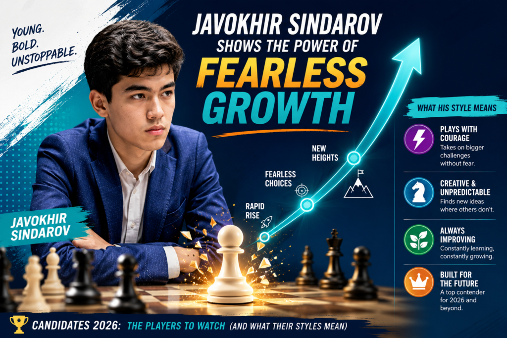 Javokhir Sindarov is one of the biggest stories of Candidates 2026. FIDE lists him as a World Cup qualifier, and live results pages later showed him at the top of the event standings with a huge score.