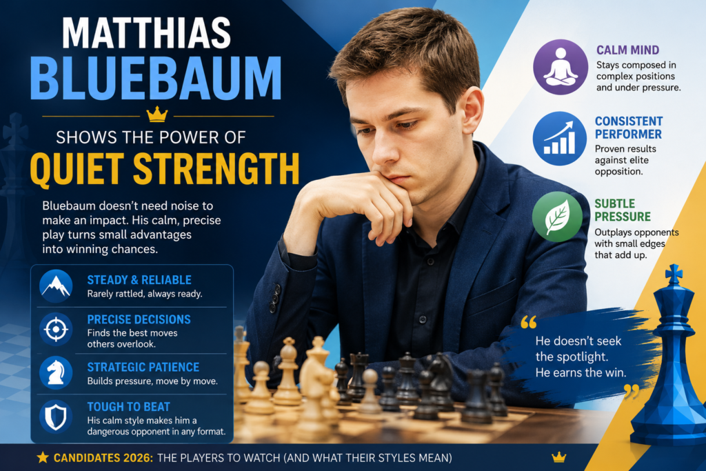 Matthias Bluebaum reached the Candidates 2026 field through the 2025 FIDE Grand Swiss path, where FIDE lists him as the runner-up behind Anish Giri. This matters because the Grand Swiss is a very tough event. You face strong players again and again, and you must keep scoring under pressure.