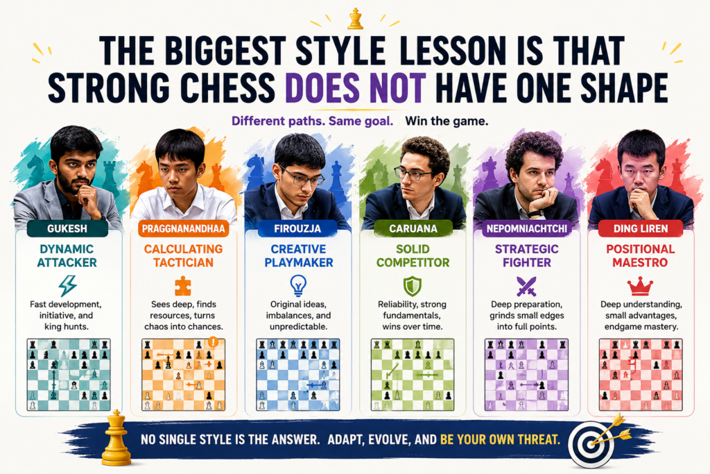 The official event page listed a wide mix of players, from the long-tested experience of Fabiano Caruana and Hikaru Nakamura to the rising strength of Praggnanandhaa, Wei Yi, Sindarov, Esipenko, and Bluebaum. That mix is what made the event so rich for students to study.