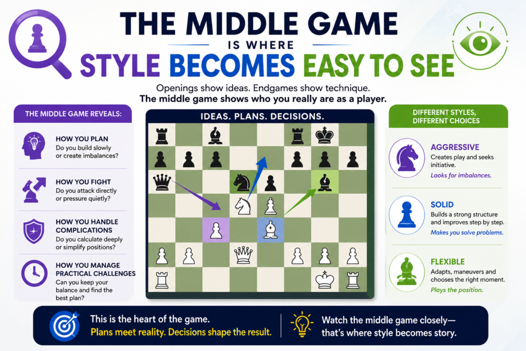 The middle game is where each player’s personality often comes out. The pieces are developed, the kings are usually safer, and now the real questions begin. Should you attack? Should you trade? Should you improve one piece? Should you take space? Should you defend first?