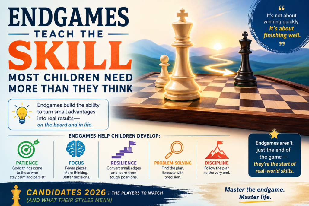 Endgames may not look as exciting as checkmates, but they are one of the best parts of chess for building focus. In an endgame, there are fewer pieces, so every move becomes clearer. One king step can decide the game. One pawn push can be the difference between a win and a draw.