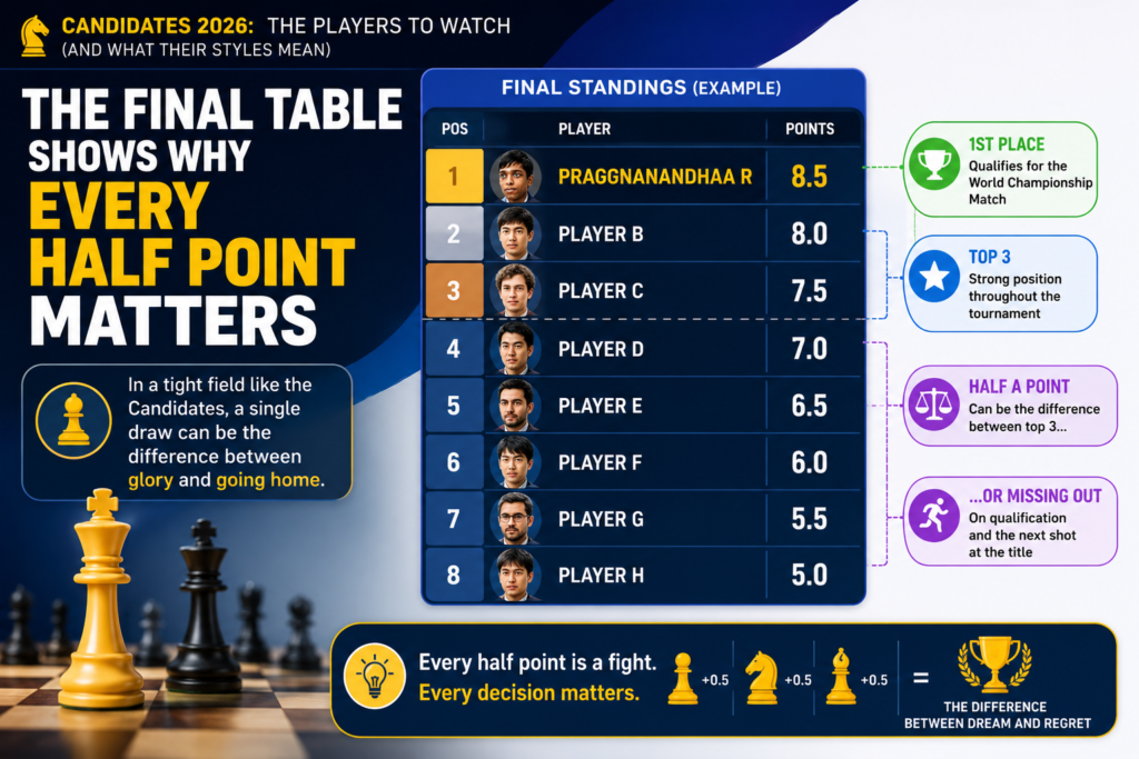 The 2026 Candidates did not just give us strong games. It gave us a clear lesson about momentum. Javokhir Sindarov finished first with 10 points out of 14. Anish Giri finished second with 8.5 points, and Fabiano Caruana finished third with 7.5 points.