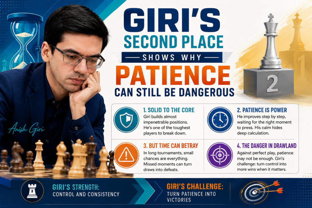 Anish Giri’s second-place finish with 8.5 out of 14 fits his chess identity well. He is known for being hard to beat, but the final standings also show that he did more than survive. He stayed close enough to finish clearly ahead of most of the field, even in a tournament where Sindarov had a huge lead.