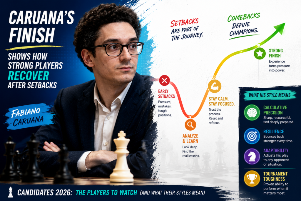 Fabiano Caruana’s tournament had ups and downs, but his third-place finish still says a lot about his strength. The official pairings show that he beat Andrey Esipenko in the final round, which helped him finish on 7.5 points. 