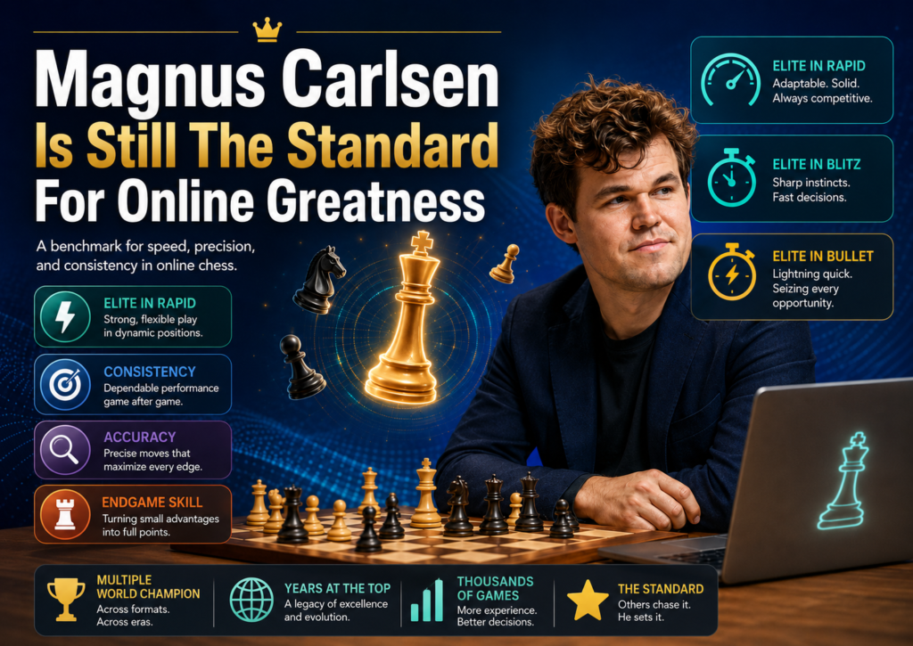 Magnus Carlsen is not just a famous over-the-board chess player. He is also one of the most complete online players ever. He can win slow games, rapid games, blitz games, and bullet-style chaos. What makes him special online is not only his calculation.