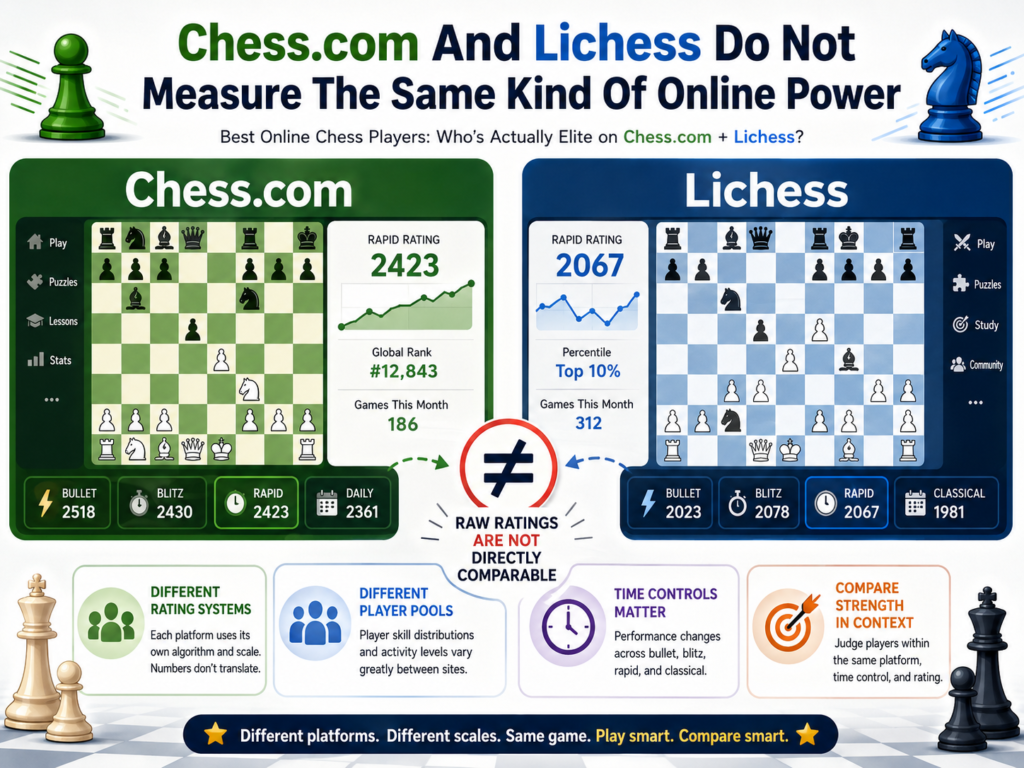 A big mistake many players make is thinking Chess.com and Lichess leaderboards are the same thing with different colors. They are not. Both sites have strong players. Both sites have fast games. Both sites have titled events. But the player pools, rating systems, time controls, and daily activity can be very different.