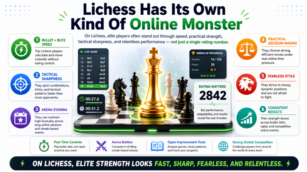 Lichess is a different world from Chess.com. It feels faster, cleaner, and more open to many players. Some titled players love it because they can jump into strong games quickly, use studies, review positions, and play arena events with very little friction. That makes Lichess a serious place to find elite online talent.