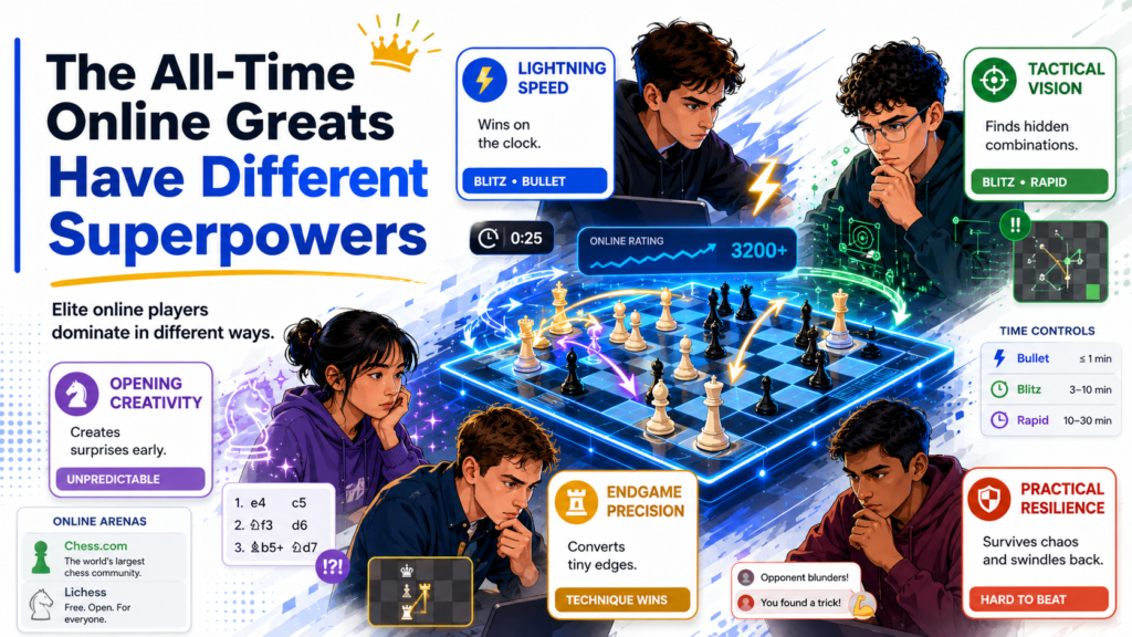 The best online chess players are not copies of each other. Magnus Carlsen wins with deep feel, calm pressure, and endgame class. Hikaru Nakamura wins with speed, pattern skill, and practical danger. Alireza Firouzja wins with sharp attacks and brave choices.