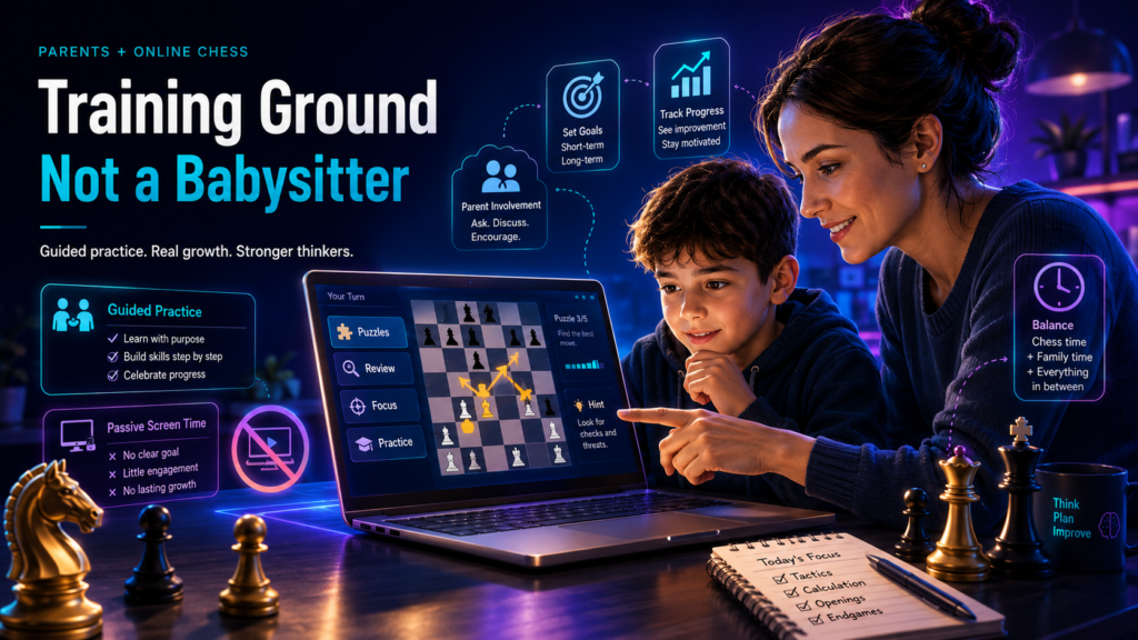 Online chess can be amazing for kids. It gives them games at any time, strong opponents, puzzles, and quick feedback. But it can also become messy if there is no plan. A child may play too fast, chase rating, get upset after losses, or build bad habits without noticing.