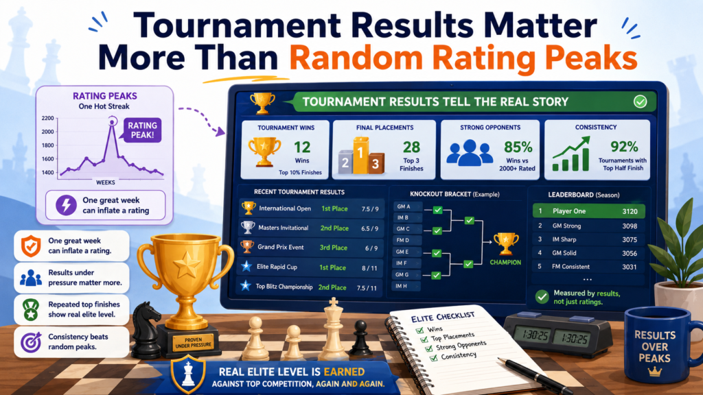 Online ratings are fun to watch. They move up and down. They give players a quick sense of progress. But if we are asking who is truly elite, ratings alone are not enough. A rating peak can happen during a hot streak. Tournament results are harder to fake.