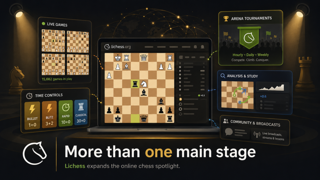 Chess.com gets a lot of attention because it hosts many major events and has many famous streamers. But Lichess is also a serious stage for strong online chess. Many titled players use it for fast games, studies, arenas, and broadcasts.