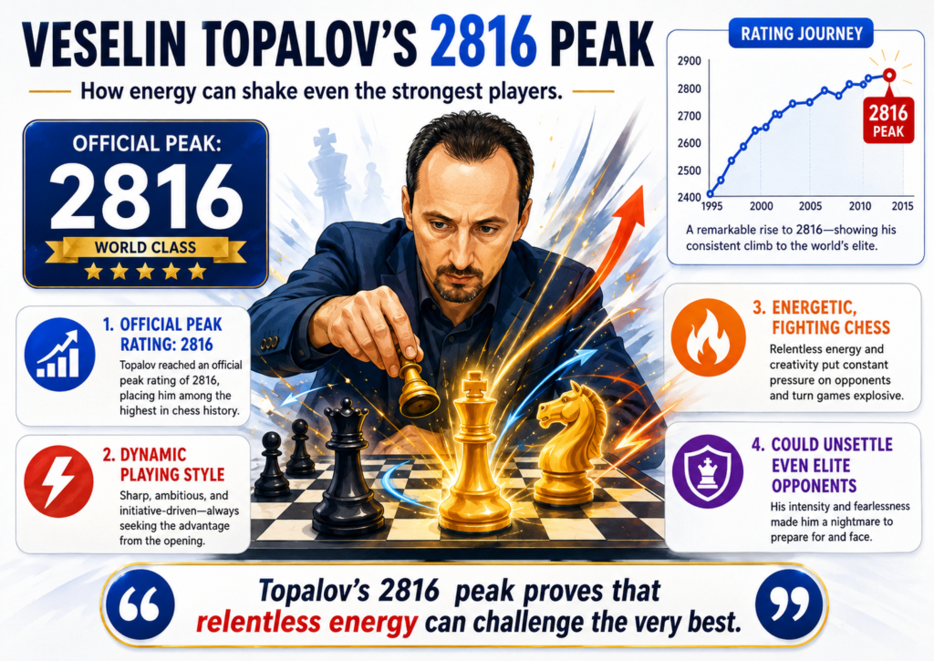 Veselin Topalov reached an official FIDE classical peak rating of 2816 in July 2015. This puts him among the top players ever by official peak rating.