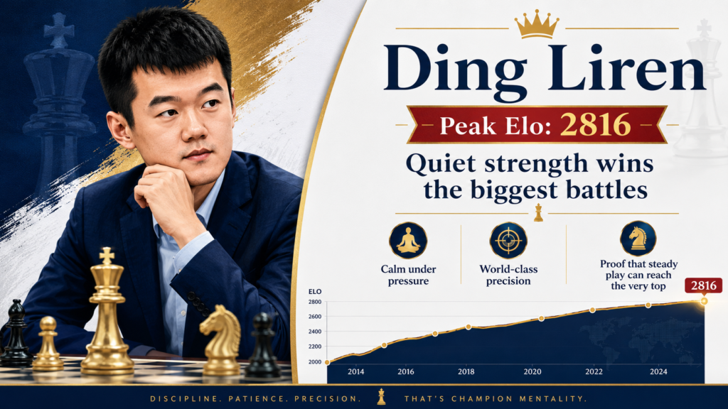 Ding Liren reached a peak official classical rating of 2816 in November 2018. That puts him in the same peak-rating group as Veselin Topalov and Hikaru Nakamura. Ding also became the first Chinese player to cross the 2800 mark and later became the 17th World Chess Champion in 2023.
