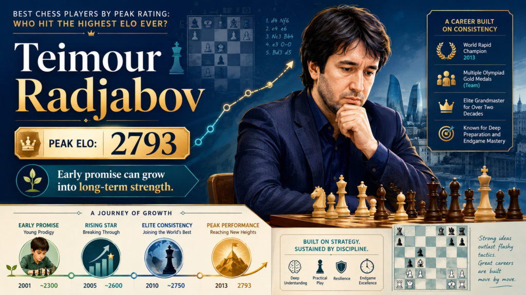 Teimour Radjabov reached a peak official FIDE classical rating of 2793 in November 2012. He also reached a peak FIDE rank of number four, which shows how strong he was among the world’s best players. Radjabov became famous very young, and his career has lasted across many changes in elite chess.