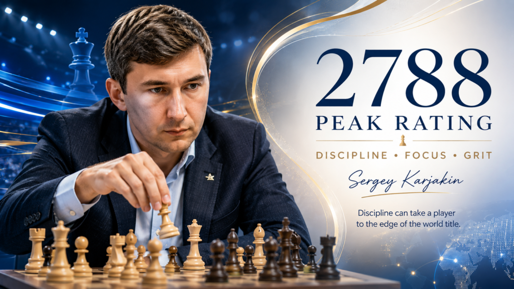 Sergey Karjakin reached a peak official FIDE classical rating of 2788 in July 2011. He also reached a peak FIDE rank of number four in the world. Karjakin was known for becoming a grandmaster at a very young age, and later he challenged Magnus Carlsen for the World Chess Championship in 2016.