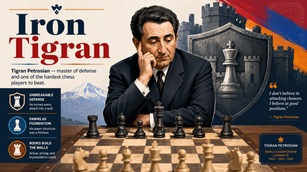 Tigran Petrosian is one of the first names people think of when they talk about great defense. He was the ninth World Chess Champion, holding the title from 1963 to 1969. The World Chess Hall of Fame notes that he beat Mikhail Botvinnik in 1963, ending Botvinnik’s long hold on the chess crown.