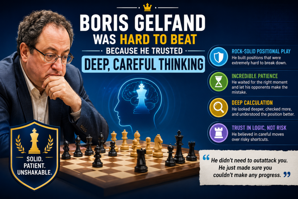 Boris Gelfand is a great example of a player who built his chess on deep understanding. His FIDE profile lists him as an Israeli Grandmaster, with the GM title earned in 1989. ChessBase has also described him as one of the best players in the world for decades and known for deep analysis.