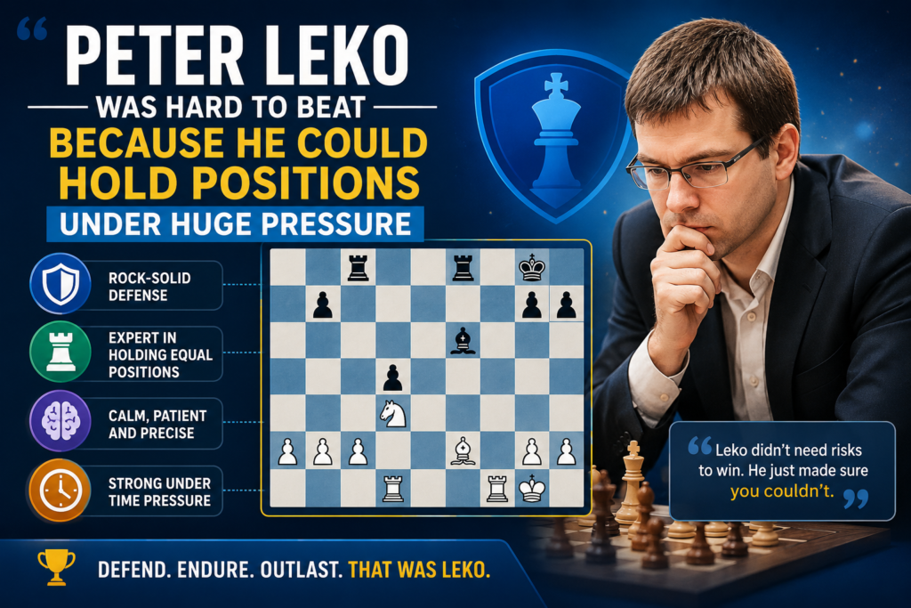 Peter Leko is one of the most respected defensive players of the modern era. His FIDE profile lists him as a Hungarian Grandmaster who earned the GM title in 1994. In the 2004 Classical World Championship match, Leko drew 7–7 with Vladimir Kramnik, and Kramnik kept the title only because the rules allowed the champion to retain the crown in a tied match.