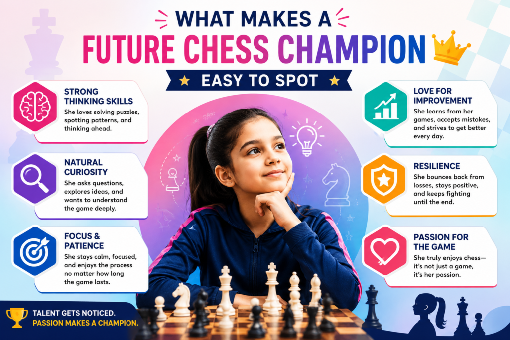 A future champion is not always the child who wins every game at age eight or nine. Early wins are nice, but they can fool people. The real signs are deeper. A future champion stays curious after a loss. She wants to know why a move failed. She does not only ask, “Did I win?” She asks, “Did I understand the position?”