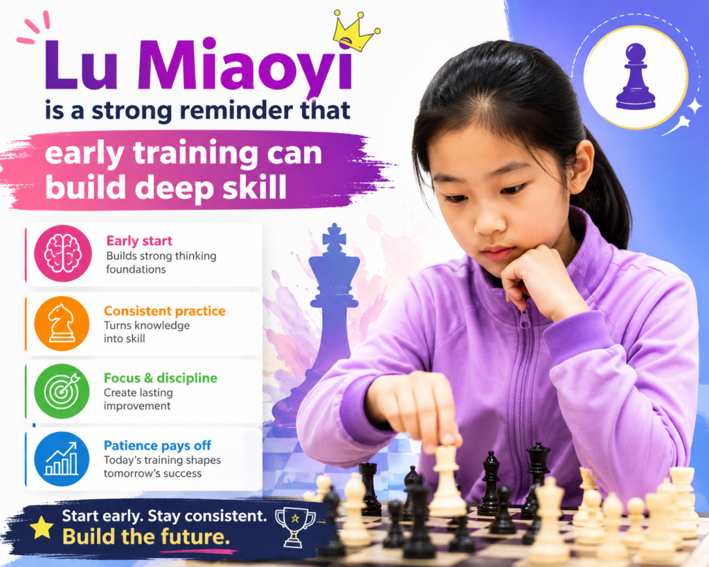 Lu Miaoyi is another junior girl who feels like a future world-class player. She is from China, a country with a proud history in women’s chess. That matters because strong chess culture can shape a young player. When a child grows around good chess ideas, good coaches, and serious events, the path becomes clearer.
