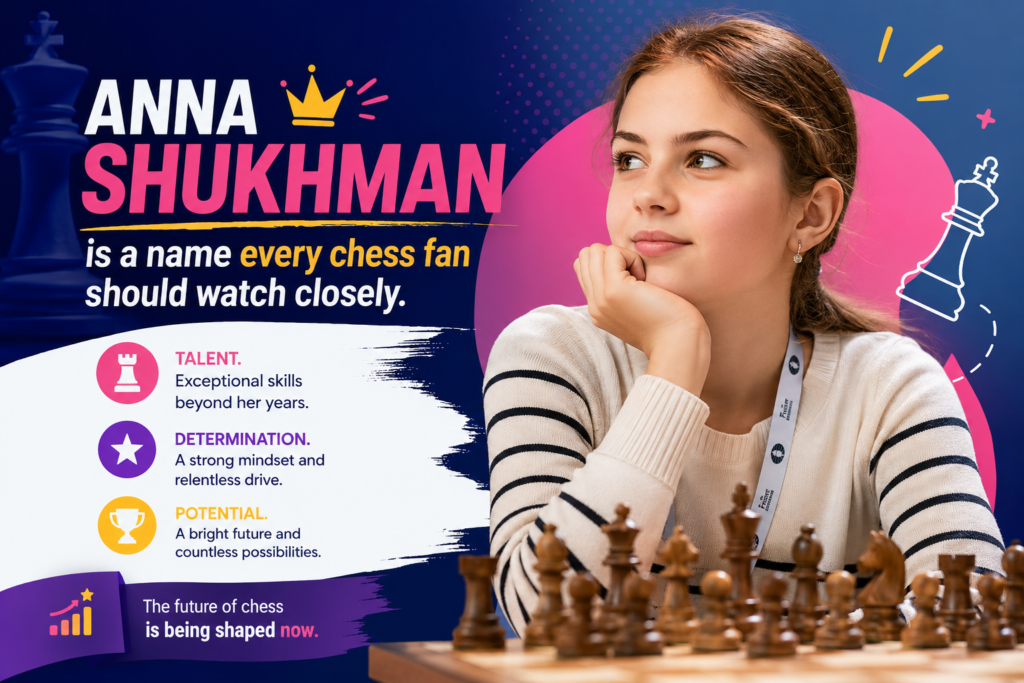 Anna Shukhman has become one of the strongest names in junior girls’ chess. Her FIDE profile lists her as a Woman Grandmaster, with a May 2026 standard rating of 2456. It also shows a clear rise from 2280 in May 2024 to 2456 in May 2026, which is a major climb at this level.