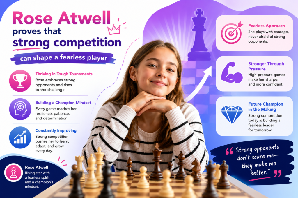 Rose Atwell is another junior girl who deserves close attention. FIDE lists her as a FIDE Master from the United States, born in 2009, with a May 2026 standard rating of 2383. Her profile also shows that she had an International Master title decision marked open in 2026, which is a sign that her title path is moving into serious territory.