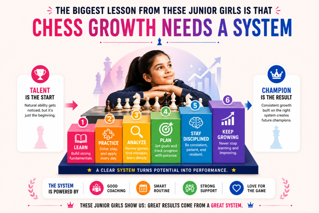 When we look at players like Anna Shukhman, Alua Nurman, Lu Miaoyi, Afruza Khamdamova, Alice Lee, Eline Roebers, Rose Atwell, and Bodhana Sivanandan, one truth becomes clear. Great chess does not come from random practice. It comes from a system.