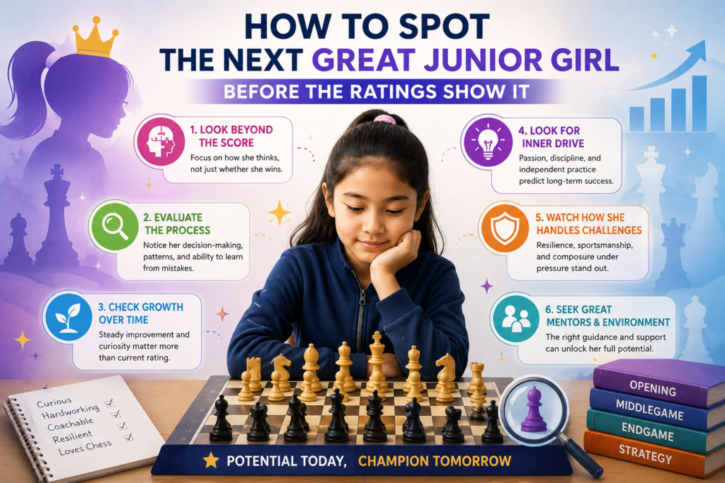 The next great junior girl may not be at the top of a rating list yet. She may be a quiet child in a local club. She may be playing online after school. She may be losing to stronger players now, while slowly building the skills that will show later. This is why parents should not judge too early.