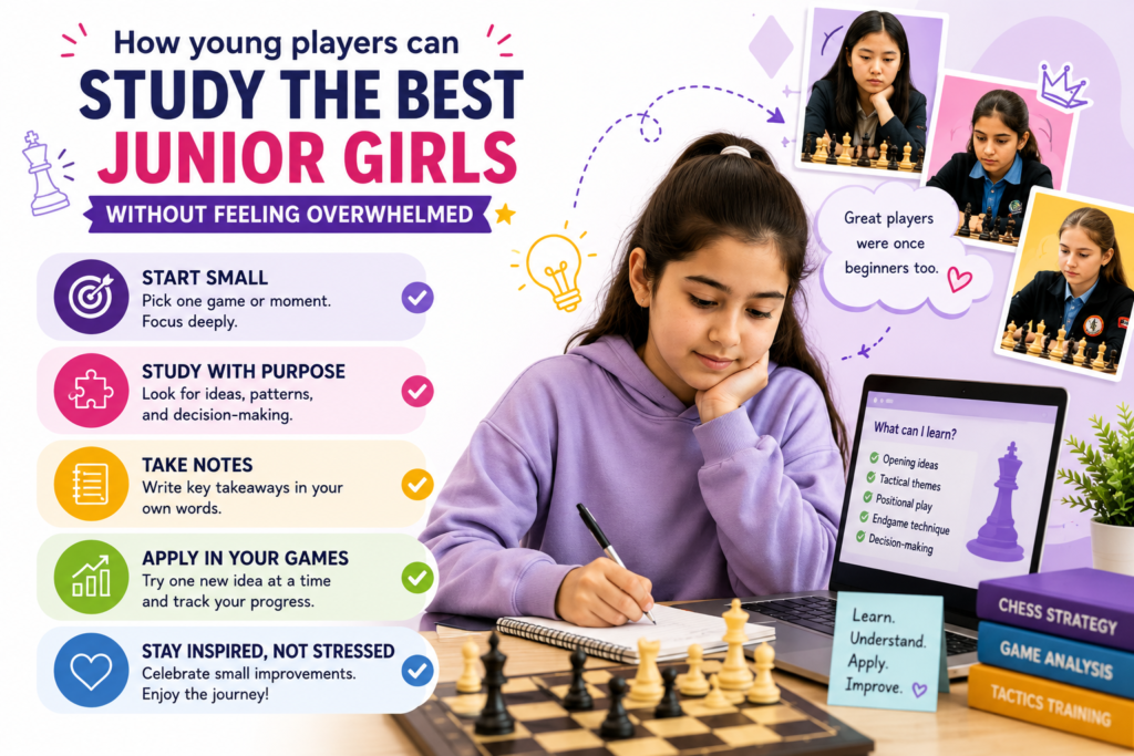 Studying the best junior girls in chess can inspire a child, but it can also feel too hard if the study is not done in the right way. Many parents open a top player’s game, see long engine lines, and think their child is not ready. That is not true. A child does not need to understand every move to learn something useful.