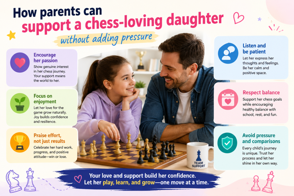 A parent’s support can shape a child’s chess journey in a big way. The right support makes the child feel brave, curious, and proud. The wrong kind of pressure can make chess feel heavy. This matters even more for young girls because many of them already face doubts from the world around them.