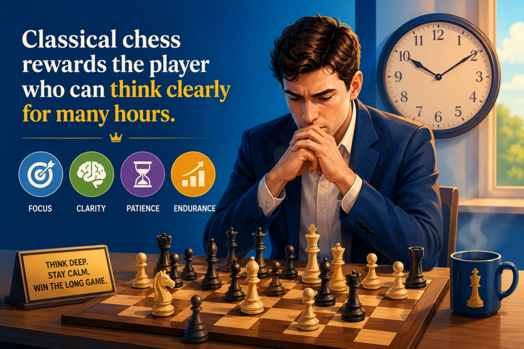 Classical chess is the slowest and most serious form of the game. It is the kind of chess where one move can take many minutes. A player may sit, look, think, check, and think again before touching a piece. This is why classical chess is often seen as the deepest test of achess player’s skill.