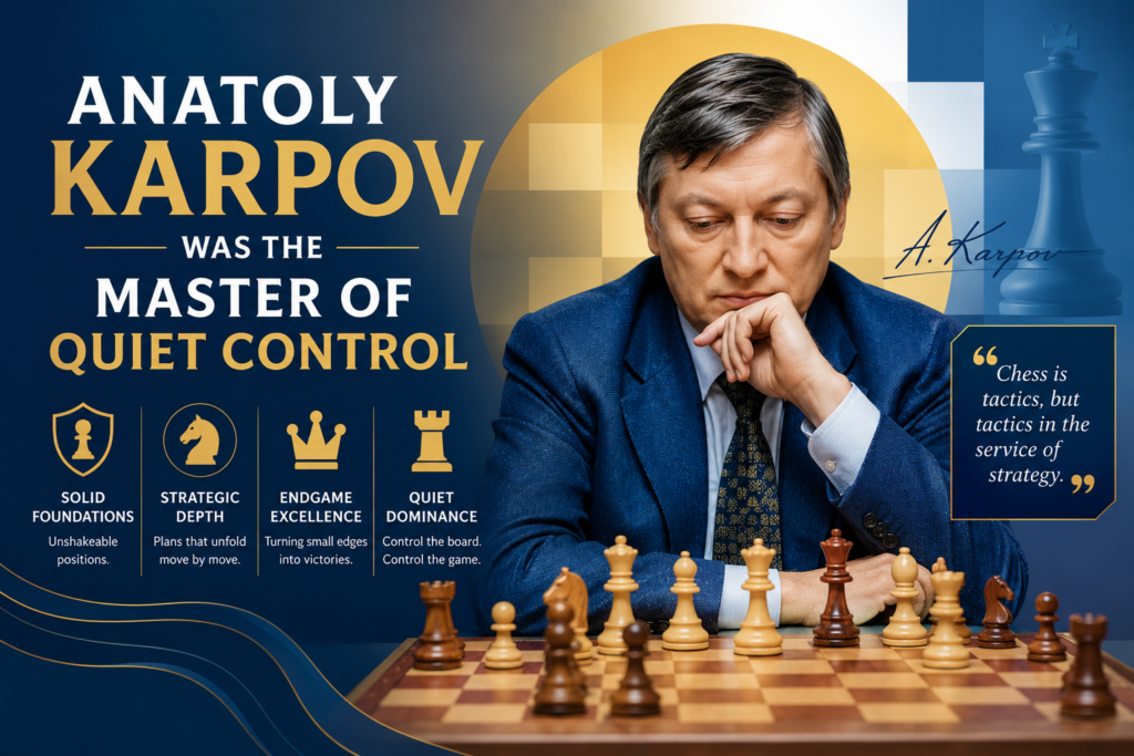 Anatoly Karpov did not need to attack wildly to win. His style was quiet, clean, and very hard to face. He became world champion in 1975 and stayed at the top for many years. In classical chess history, his long rivalry with Kasparov is one of the most famous battles ever.