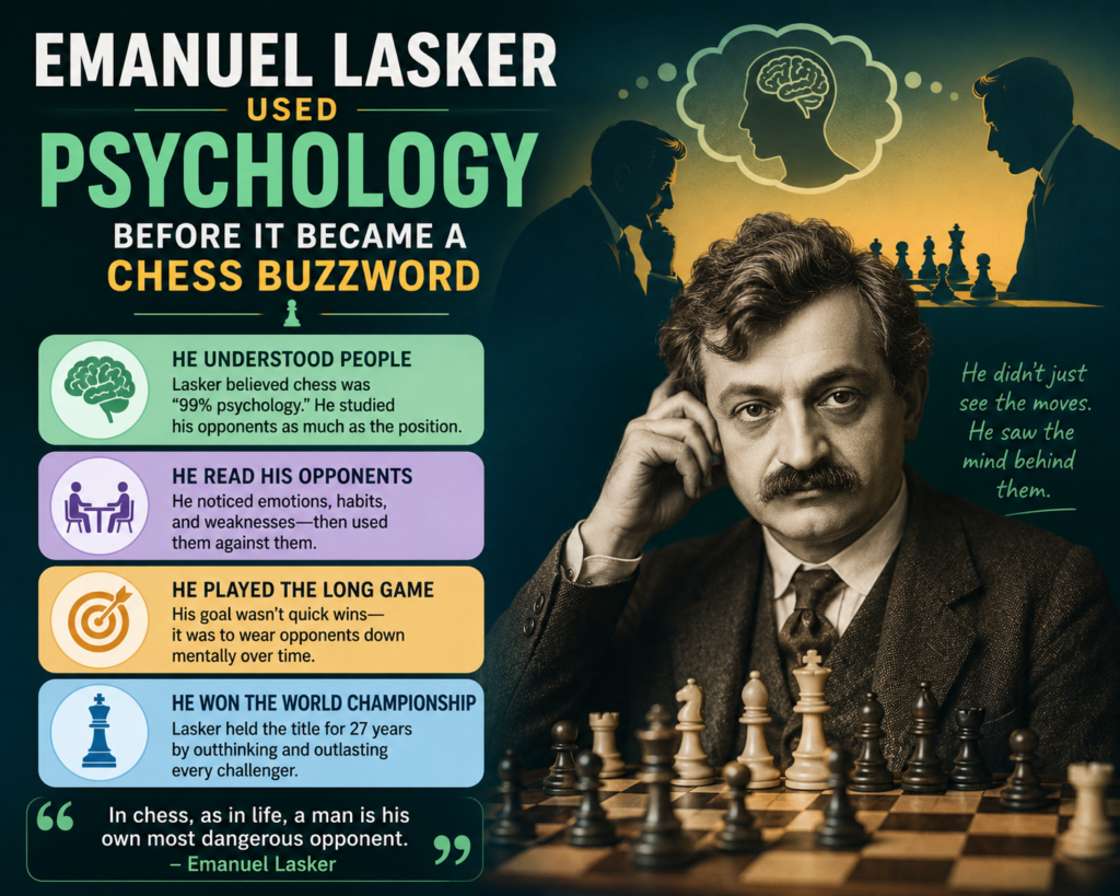 Emanuel Lasker was world champion for a very long time, from 1894 to 1921. His reign is one of the longest in chess history, and his name still comes up whenever people talk about great classical players. 