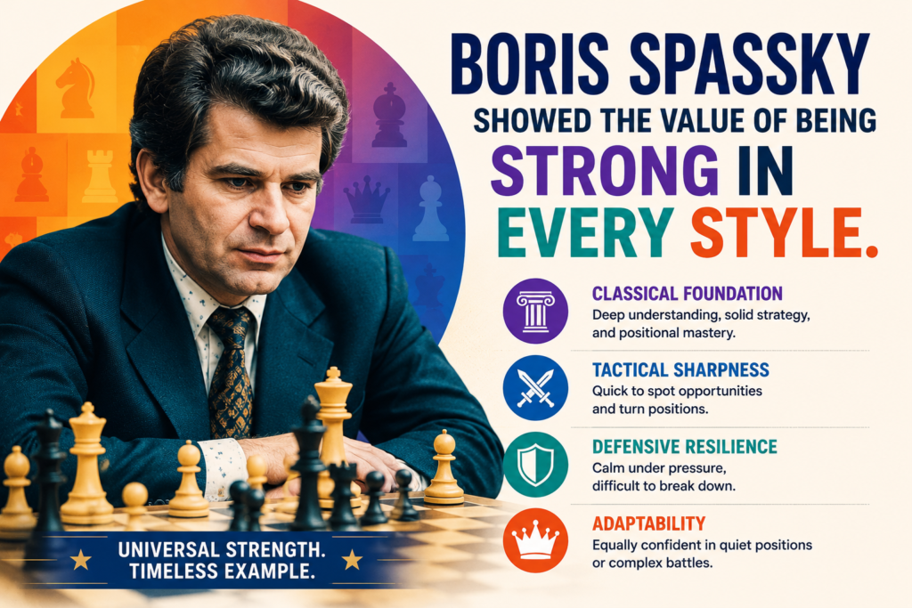 Boris Spassky was world champion from 1969 to 1972. Many people remember him most because he played Bobby Fischer in the famous 1972 match. But Spassky deserves to be known for much more than being Fischer’s opponent.
